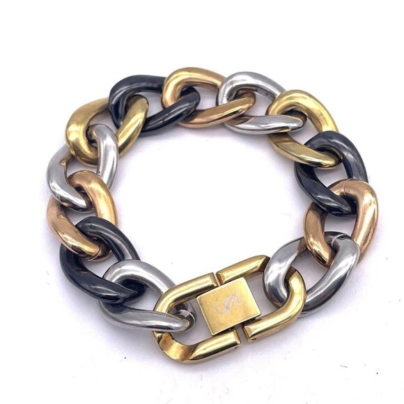 Stainless Steel Chunky Link Chain Bracelet Tow Tone Fold Over Closure - Picture 1 of 5